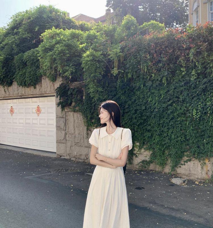 Women's White Puff Sleeve A-Line Dress - Slim Waist, Wide Hem, Chic First Love Style