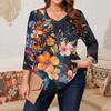 Women's Print Plus Size Tops Hollow V Neck 3/4 Sleeve Shirt Elegant Casual Tops