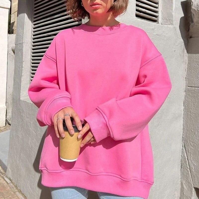 

Осенние свободные теплые флисовые пуловеры, женские толстовки с капюшоном, модные женские зимние однотонные хлопковые толстовки с круглым вырезом и капюшоном 29676 S розовый