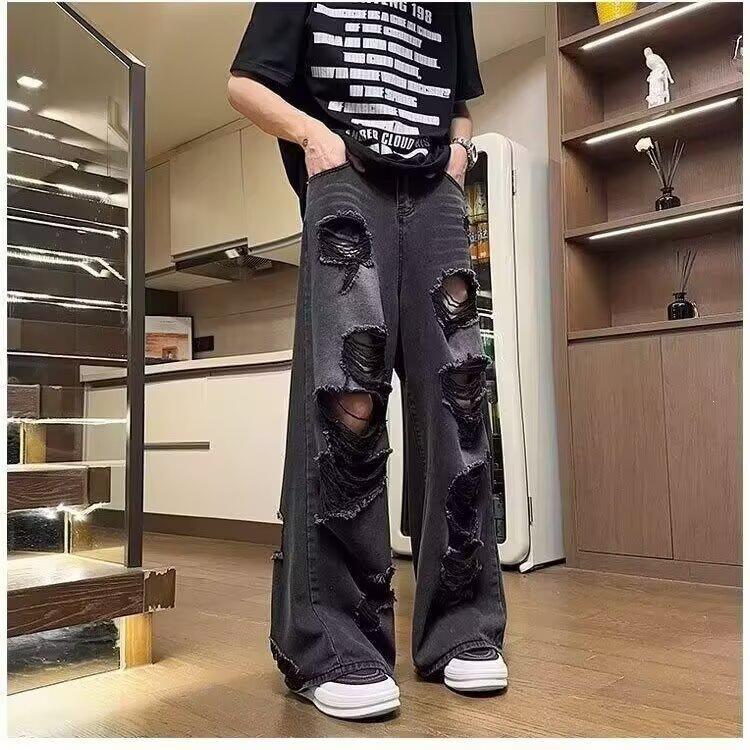 Jeans de diseño americano rasgado para hombre marca retro trendy de alta calle pantalones de pierna ancha de barrido pantalones finos de verano