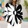 Women Plus Size Collared Long Sleeve Black White Abstract Floral Printed Button Down Shirt