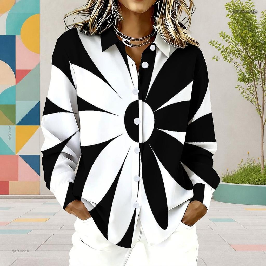 Women Plus Size Collared Long Sleeve Black White Abstract Floral Printed Button Down Shirt