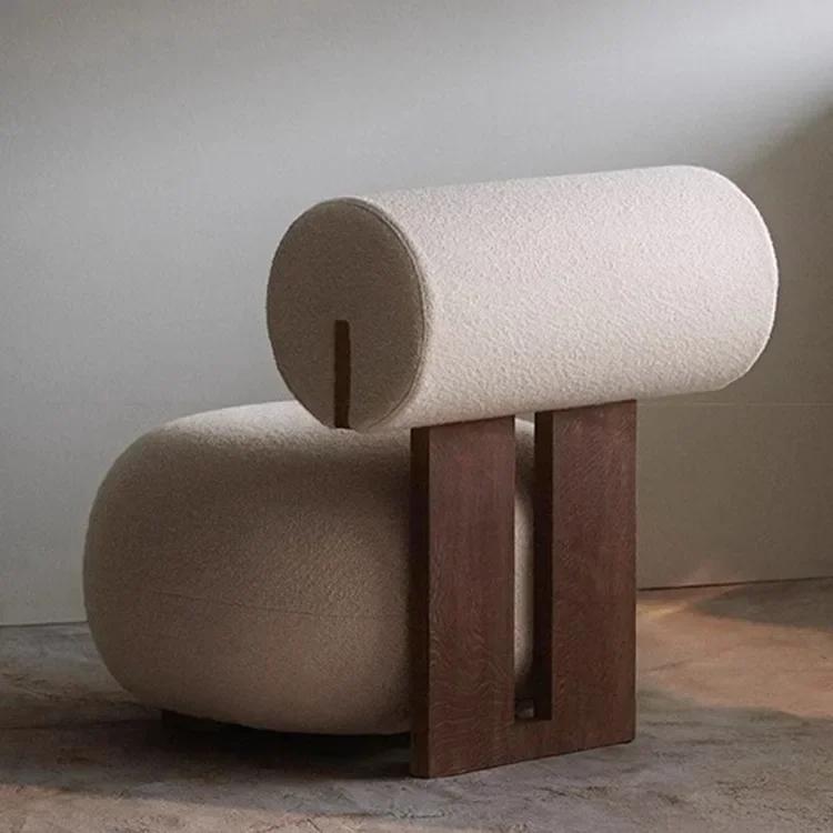 Nordic Solid Wood Sofa Chair Modern Light Luury Cream Style Living Room Lazy Lamb Plush Hippo Chair Single Person