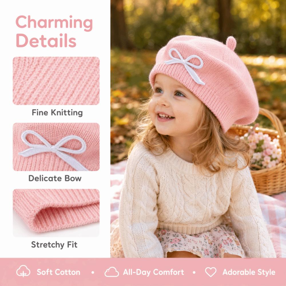 Bowknot Decoration Kids Beret Hat Cotton Toddler Warm Beanie Cute Girls Painter Cap Autumn Winter