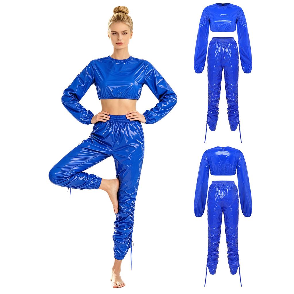 Waterproof Vinyl Long Sleeve Crop Top and Elastic Waist Capri Pants Set with Back Zipper Side Drawstrings for Women Fitness Workout