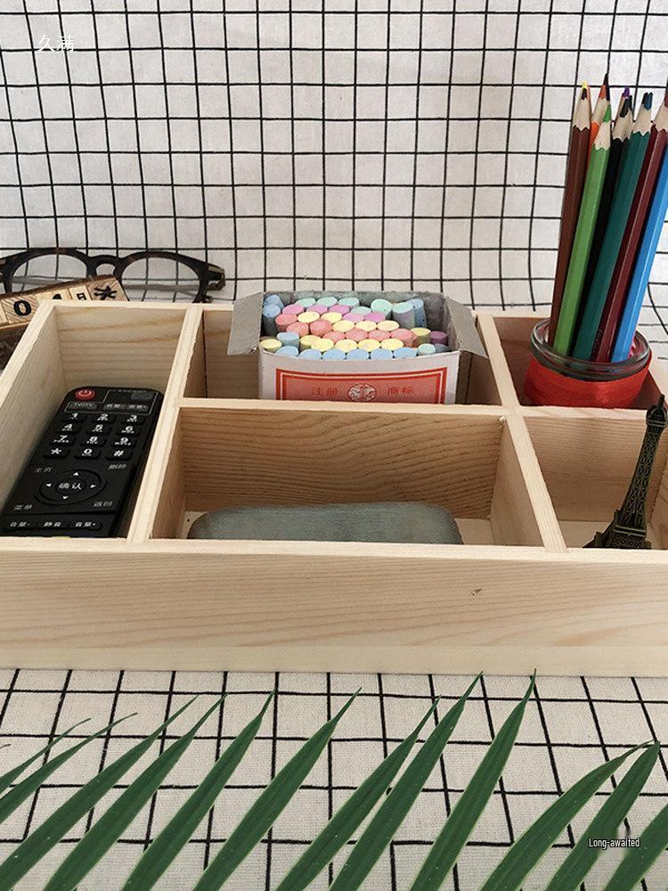 Wooden Multi-Grid Desk Organizer: Chalk, Pen, Key & Stationery Holder