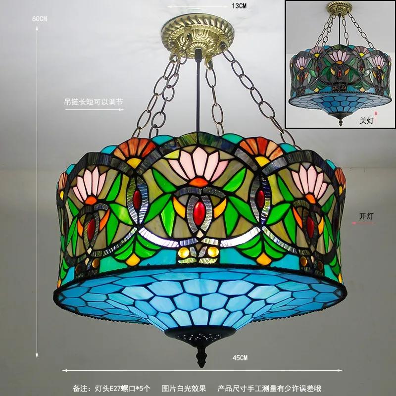 40cm Tiffany Mediterranean Stained Glass Pendant Light Vintage Hanging Lamp for Dining Room Kitchen Light Fixture Home Art Decor
