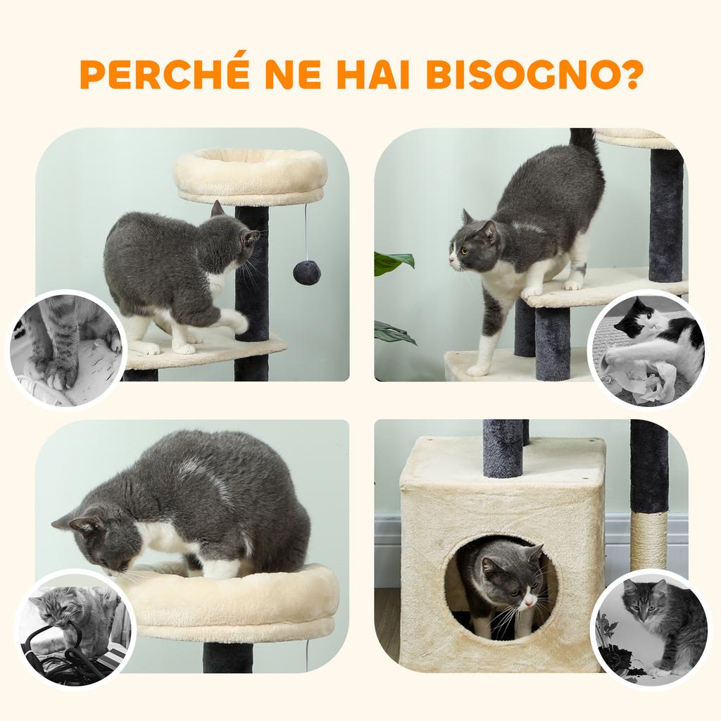 Cat Scratching Tree 92 cm Tall with House, Bed, Sisal Posts and Ball, Cream White