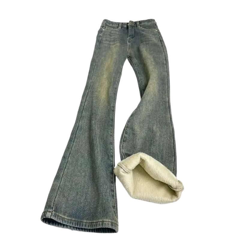 2026 Retro Blue Velvet High-Waisted Slim Micro Flare Jeans for Women - Winter Fashion