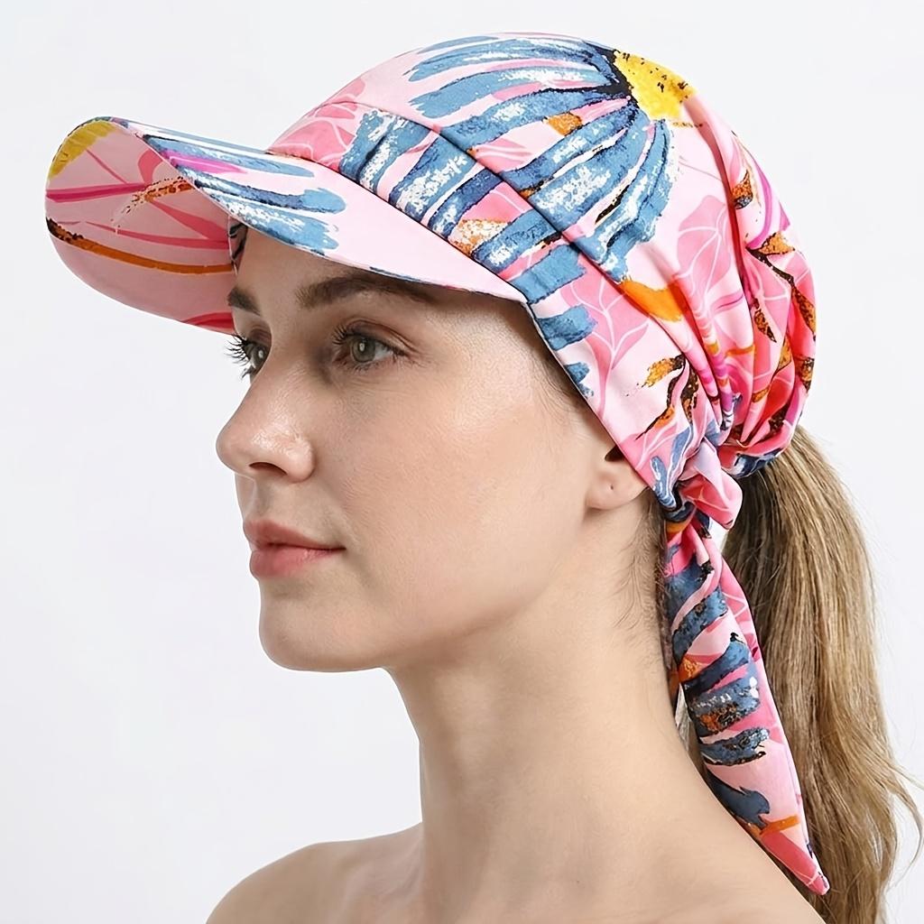 1Pc Braided Brim Bandana Hat Outdoor Duckbill Head Wrap Sun Hat Travel Beach Hat With Random Print Pattern Location Pink rose red flower