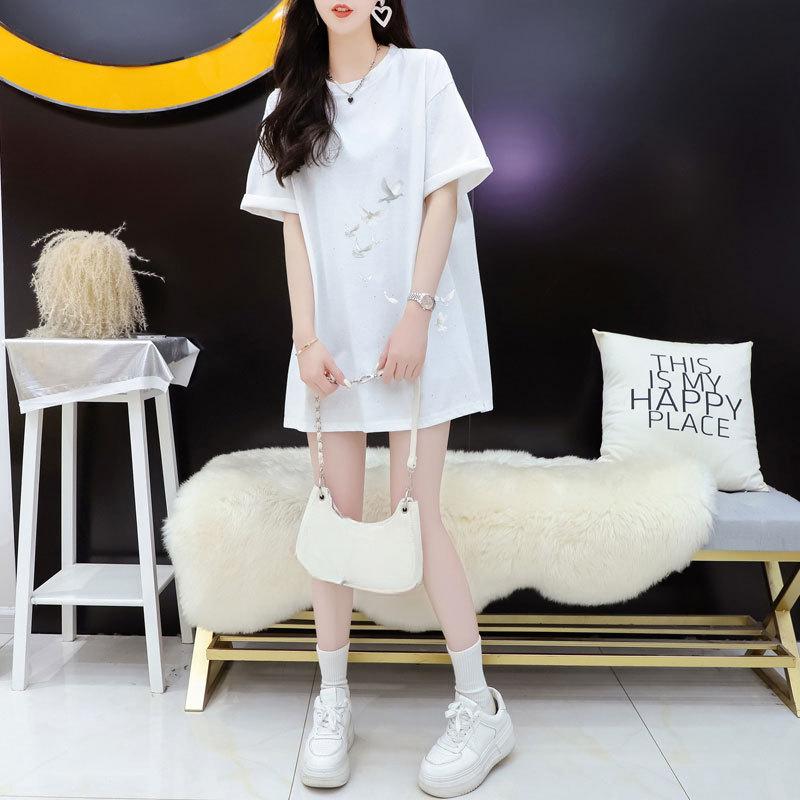 Summer New Women's Feeling Full of Stars Short-sleeved Loose Round Neck Medium-length T-shirt