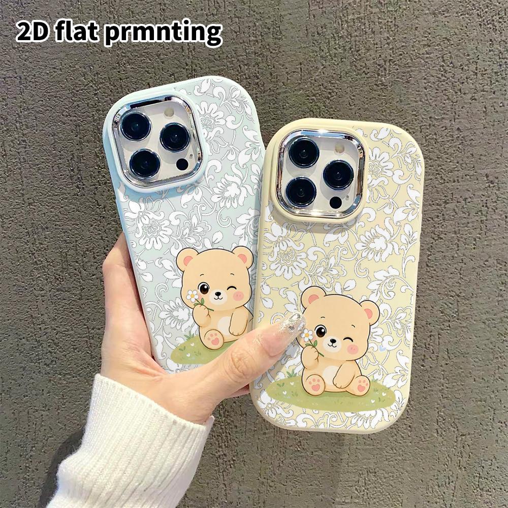 Phone Case: 2D Flat Design Suitable for iPhone 18 17 16 15 14 13 Pro Protective Case, Couple Style, with Little Flowers and Little Bears, Christmas an