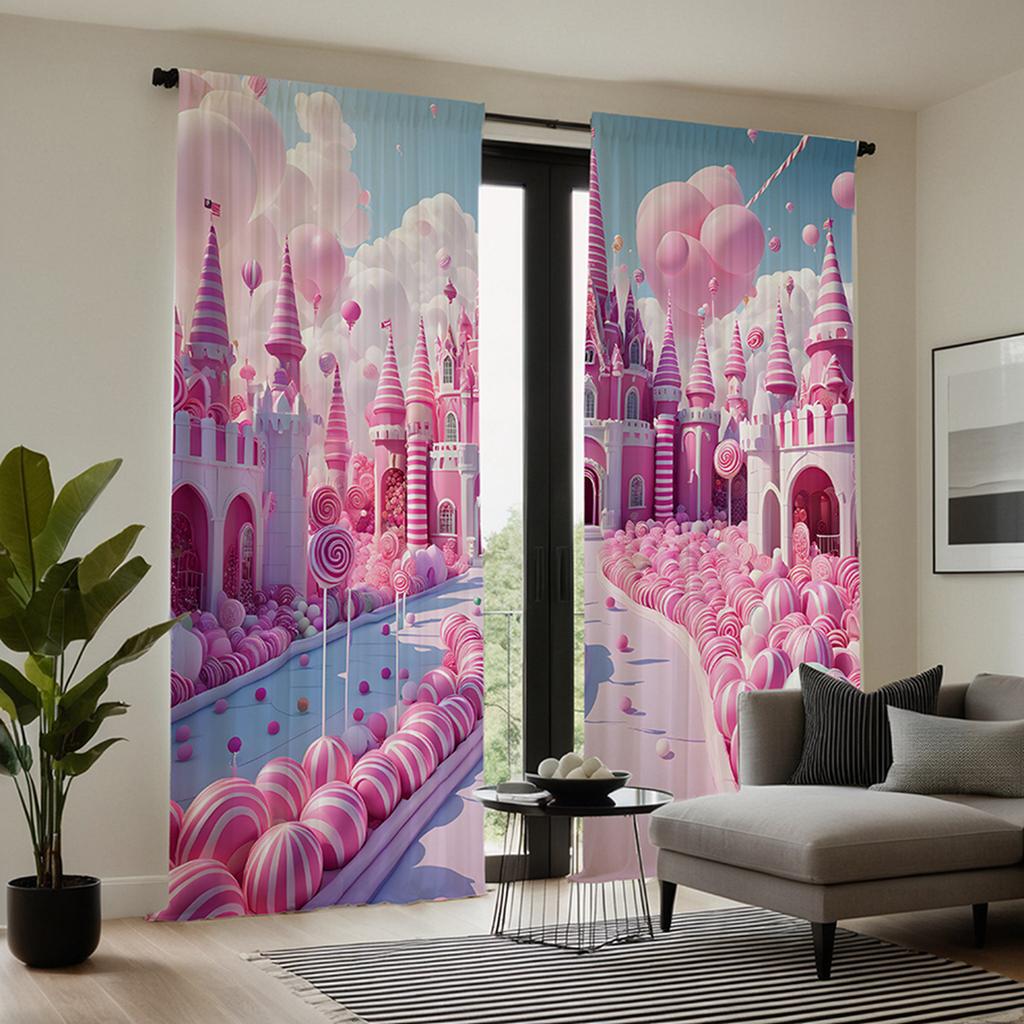 2pcs  Set HD Princess Style Disney Castle Pumpkin Decorative Curtain Pink Tie Digital Printed Curtain Home Decoration Style De