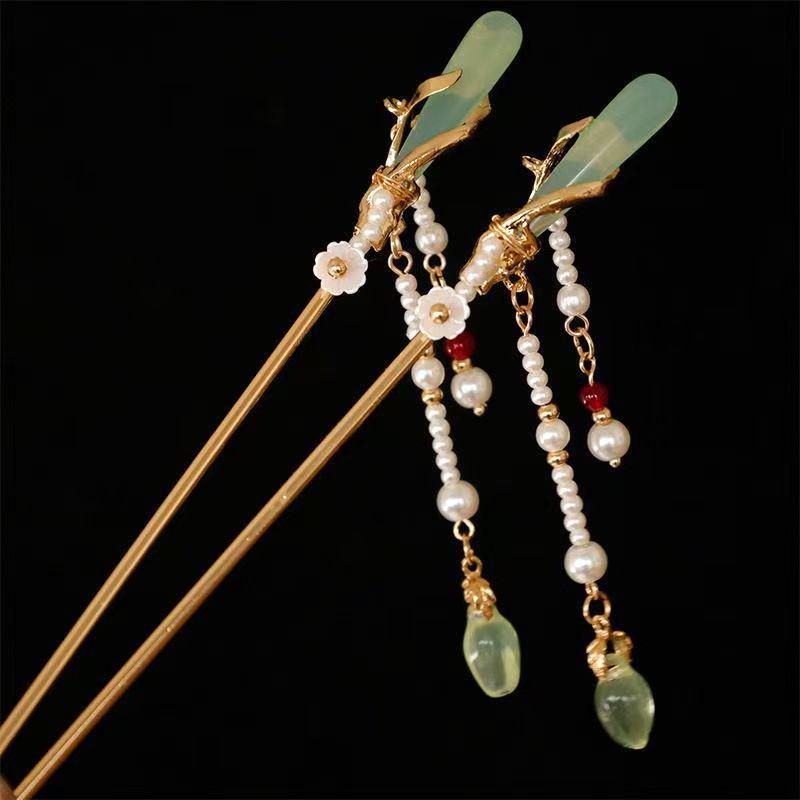 Ming-Style Auspicious Cloud Hairpin with Faux Jade Tassel and Pearls - Hanfu Hair Accessory