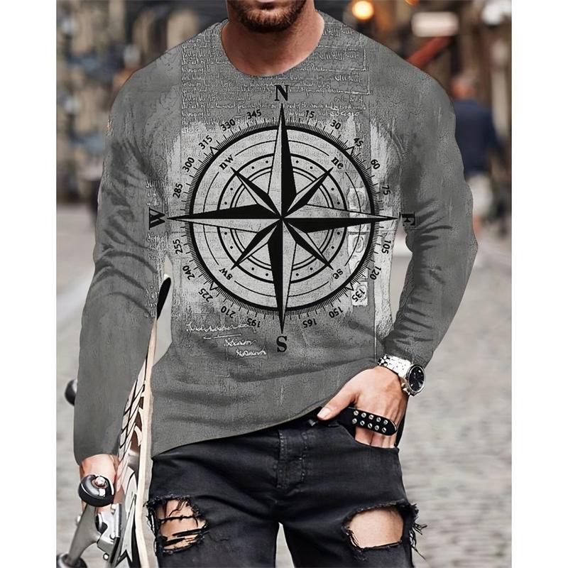 Vintage Compass Graphic Men's T-shirts Fashion Spring Autumn Long Sleeve Round 3D Printed Loose Streetwear Tops