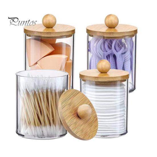 

4 шт./набор, коробка для хранения ватных дисков с бамбуковой/пластиковой крышкой, круглая, прямоугольная, ватные палочки, ватные палочки, губка для макияжа, контейнер, держатель, диспенсер, органайзер B