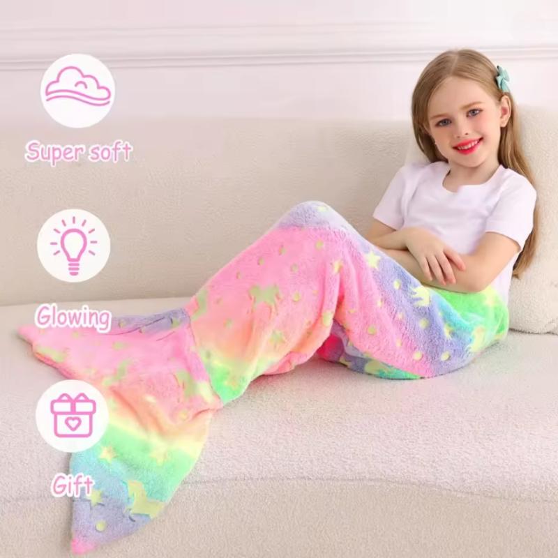 Cartoon Rainbow  Mermaid Tail Blanket Super Soft Glow In The Dark Flannel Mermaid Tail Blanket Girls Sleeping Bag