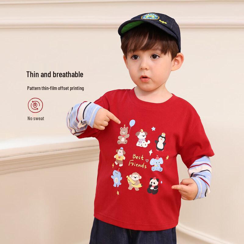 LUSONBABYLUSON Baby Boys' Cartoon Long-Sleeve Faux Two-Piece T-Shirt