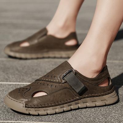 Men's Leather Sandals Durable Handmade Stitching Sneakers Close Toe Non Slip Shoes For Indoor Outdoor Beach