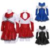 Kids Girls Cheerleading Clothes Long Sleeve Off-shoulder Round Neckline Contrast Color Shiny Sequins Dance Dress