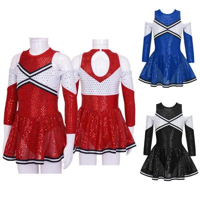 Girls Long Sleeve Dance Dress Off Shoulder Sequins Contrast Color Cheerleading Outfit