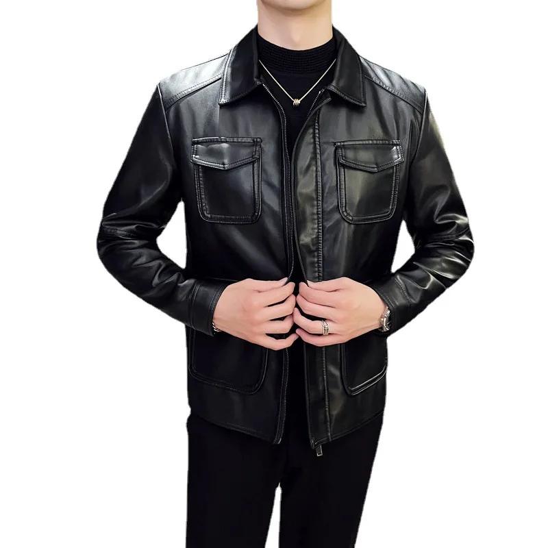 2026 Neue Herren Freizeit Lederjacke Mehrere Taschen Einfarbige Revers Motorradmantel Herbst Oberbekleidung Mode Biker Locker Streetwear