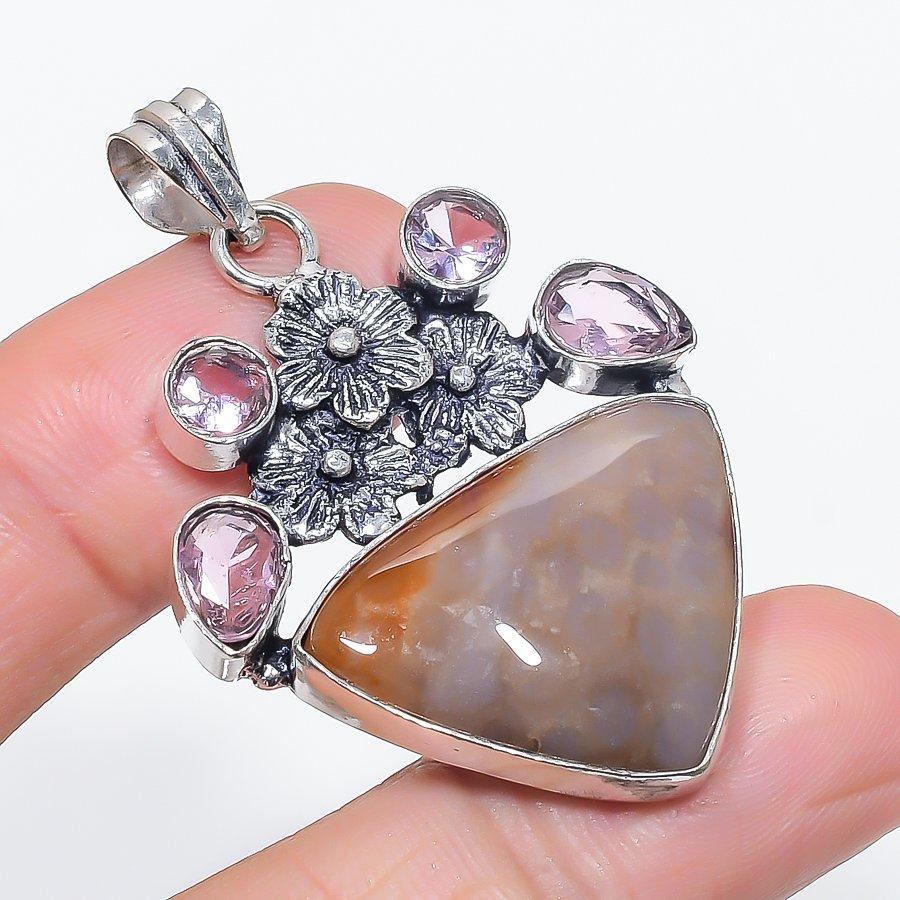 Natural Fossil Coral, Kunzite 925 Sterling Silver Jewelry Pendant 2.01" L6z30