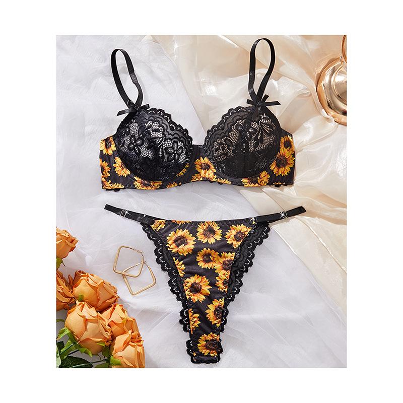 New Sexy bra set sunflower embroidery printed lace semi-perspective sexy lingerie set