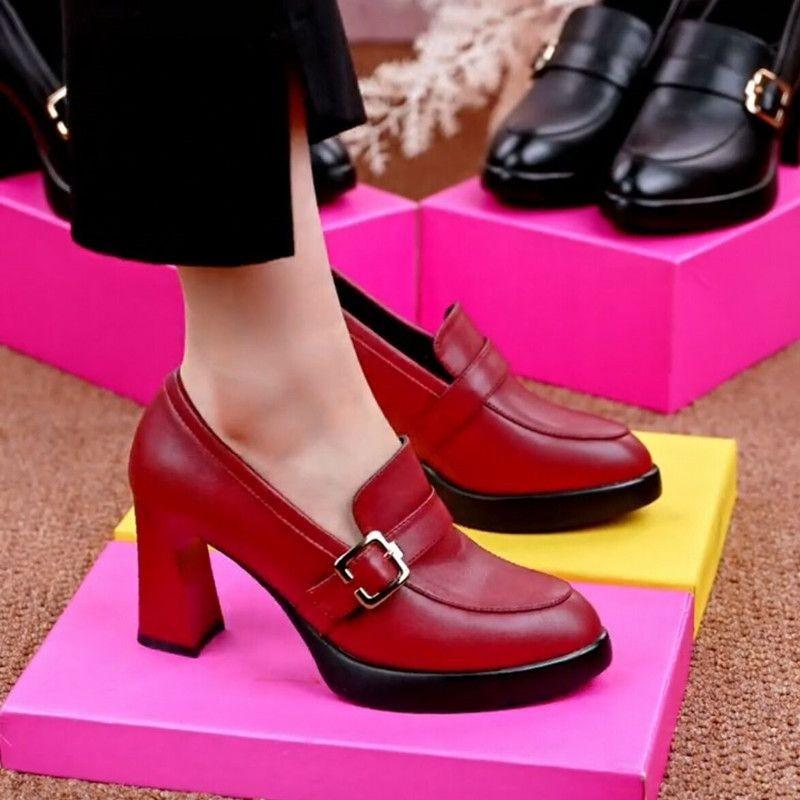Pointed High Heels Women's Shoes 2024 Spring New Needle Buckle Waterproof Platform Heel Deep Mouth Women's Leather Shoes Trafza