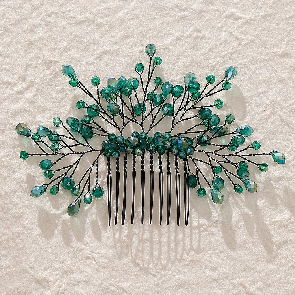 Retro Alloy Rhinestone Plug Comb Handmade Leaf Green Crystal Headdress Antique Hanfu Jewelry Bridal Hair Comb