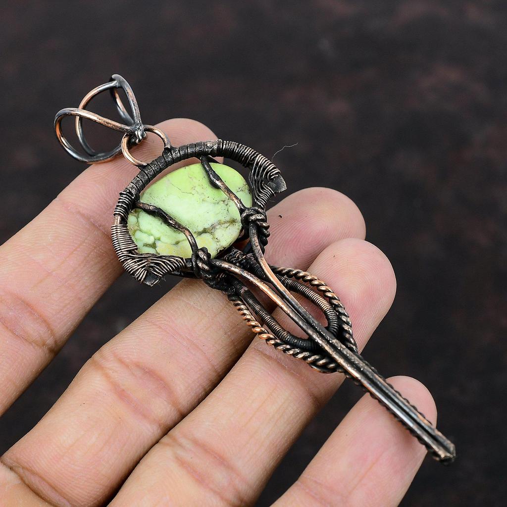 Lemon Chrysoprase Pendant Copper Wire Wrapped Pendant Gemstone Pendant Copper Jewelry Handmade Unique Pendant Wire Wrap Jewelry Wedding Gift
