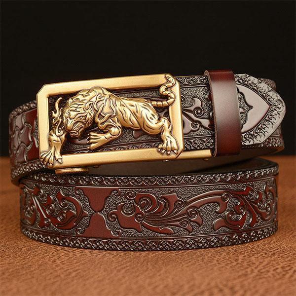 Fashion Men's Belt Leather Belt Men's Carved Floral Tiger Pattern Gold Self Buckle Belt for Jeans