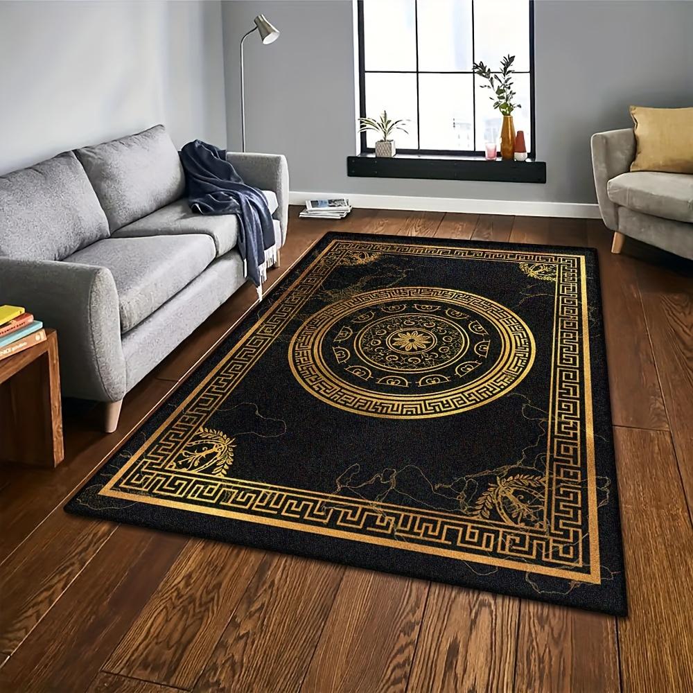 Luxury Black Gold Greek Key Print Carpet Plush Flannel Rug Living Room Bedroom Home Decor Area Rug Non Slip Floor Mat