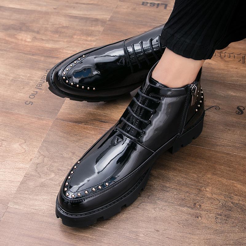 Boots Men Black Zipper Patent Leather Thick Soled Shoes European Youth Style Fashionable Chelsea Boots Size 38-44 Men Boots