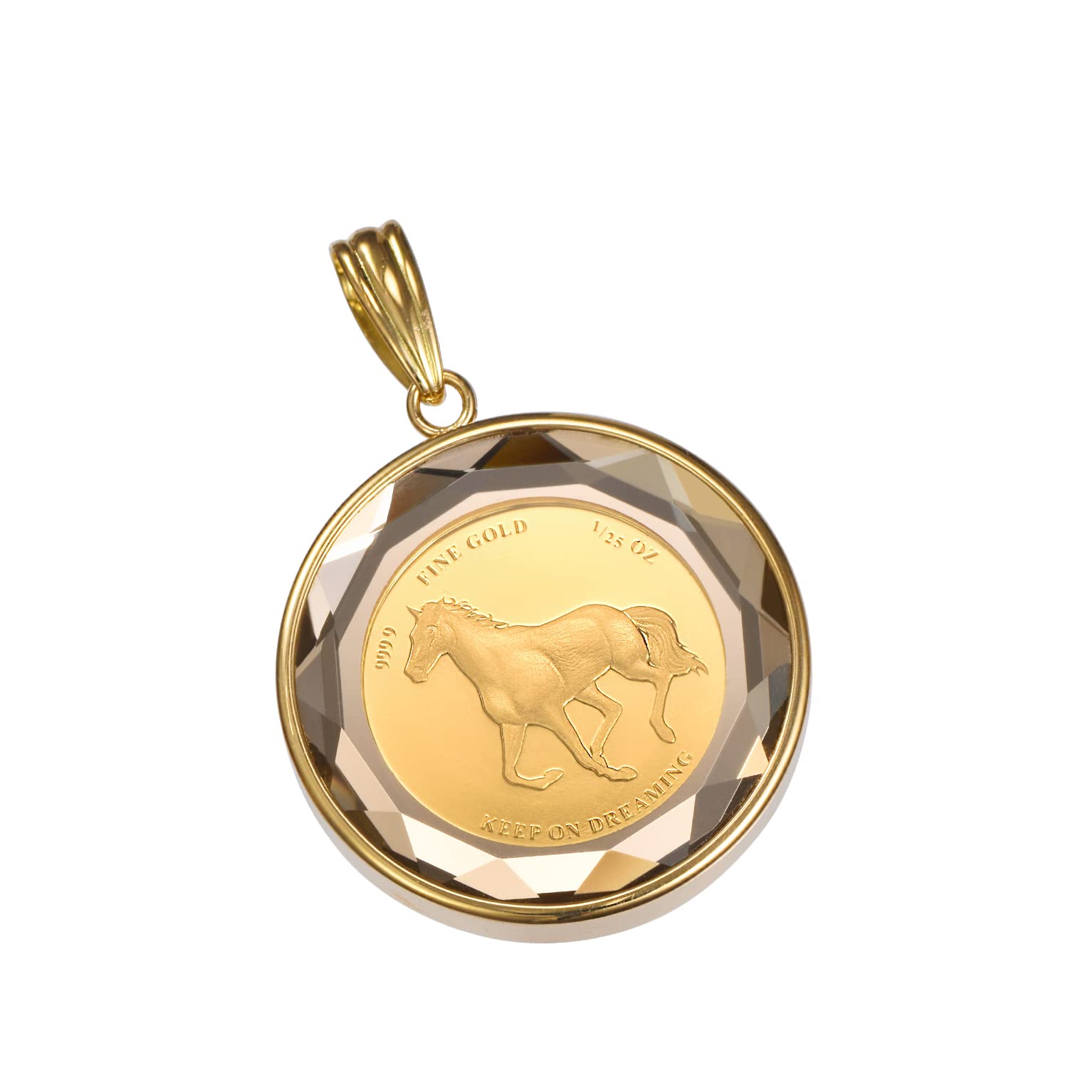 

K24 Pure Gold Coin Pendant Horse Horseshoe Cut Glass Gold Unisex Engraved [Speranza] & 1/25oz золотий