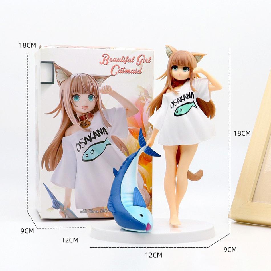 13/18Cm Golden Head My Cat Is A Kawaii Girl Anime Figure Sakura Soybean Flour Sit And Eat Fish Collectible Pvc Model Doll Toy