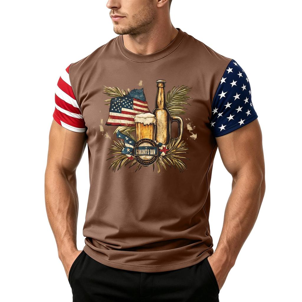 Men's Short Sleeve Loose Fit T Shirt with Flag and Beer Print Casual Crewneck Summer Top for Daily Wear Holiday Events