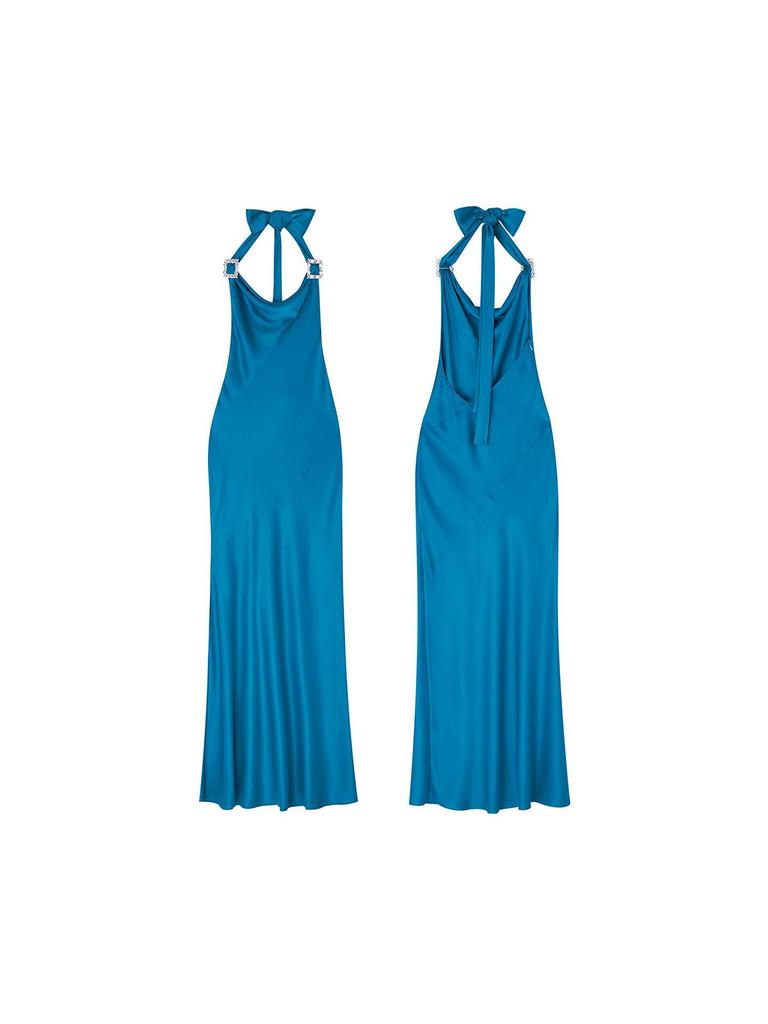 Elegant Acetate Halter Neck Dress with Crystal Buckle