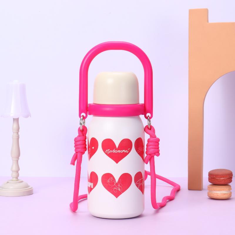 Cute Stainless Steel Insulated Water Bottle With Portable Handle Adjustable Strap For School Outdoor Activities Daily Use