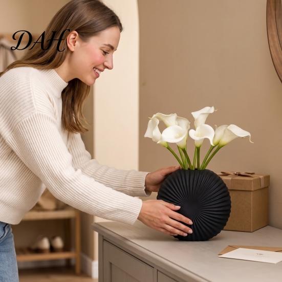 Modern Entrance Table Decor Oblate Circular Radial Texture Decorative Vase, Floral Container for Living Room Entryway, Dining Flower Vessel