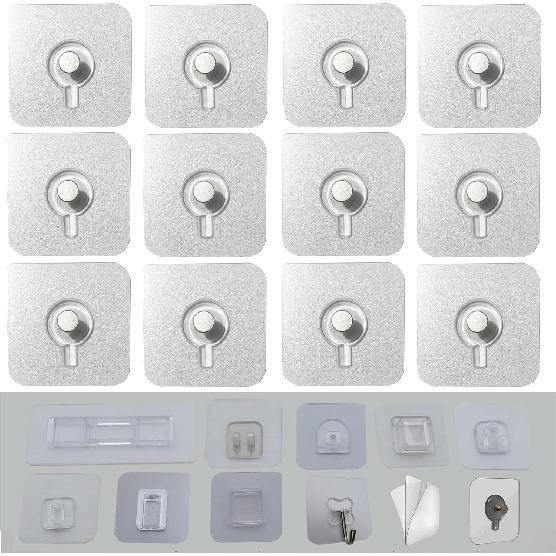 12 PCS Wall Mounted Replacement Sticky pads for Kitchen Bathroom Shower Caddy Organizer Rack Holder Nail Free Adhesive Hooks (Square)