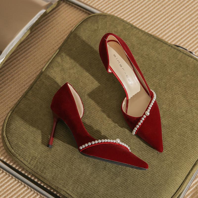 

83313 side empty high heels women s thin heels 2025 spring new bridal wedding shoes pointed single shoes temperament bridesmaid shoes 39