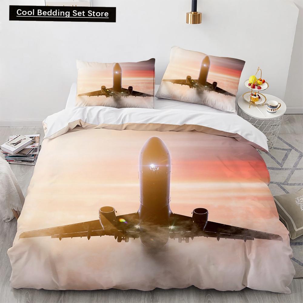 3D Airplane King Queen Duvet Cover Pink Airliner Bedding Set for Adults Sky Sea Natural Landscape 2/3pcs Polyester Quilt Cover