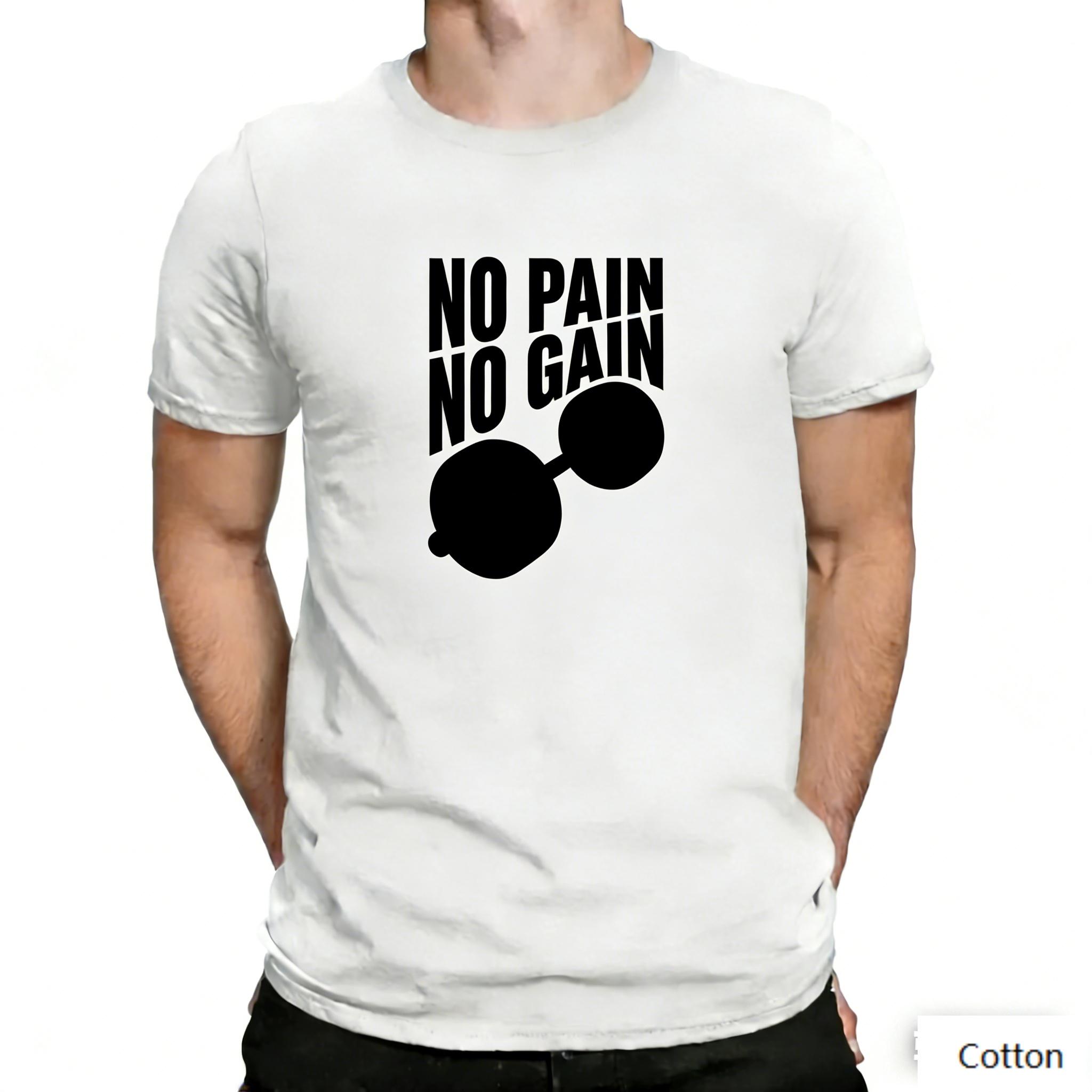 American Minimalist Fitness Style Unisex Cotton T-Shirt with Iconic Motivational NO PAIN NO GAIN Slogan Dumbbell Print S разноцветный