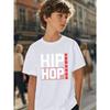 European sizes Boys' Short-Sleeve Hip-Hop Street Style Print T-Shirt with a Black Background, White Text, And Red Stripe Design