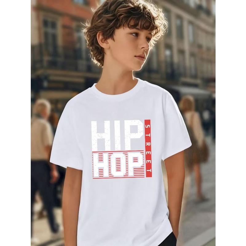 European sizes Boys' Short-Sleeve Hip-Hop Street Style Print T-Shirt with a Black Background, White Text, And Red Stripe Design