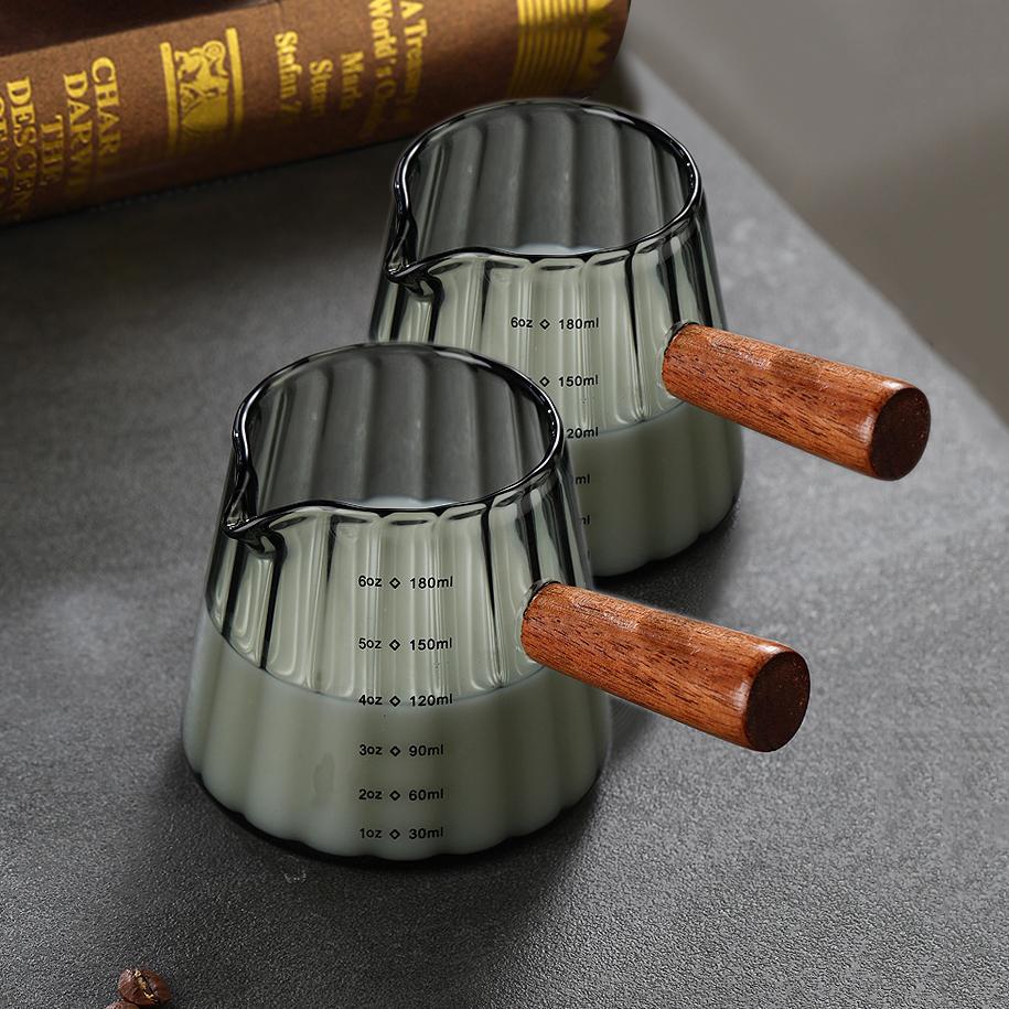 180ML dřevěná rukojeť Skleněná odměrka na espresso Šálek na extrakci kávy se stupnicí Odměrka konvička na mléko odolná proti vysoké teplotě