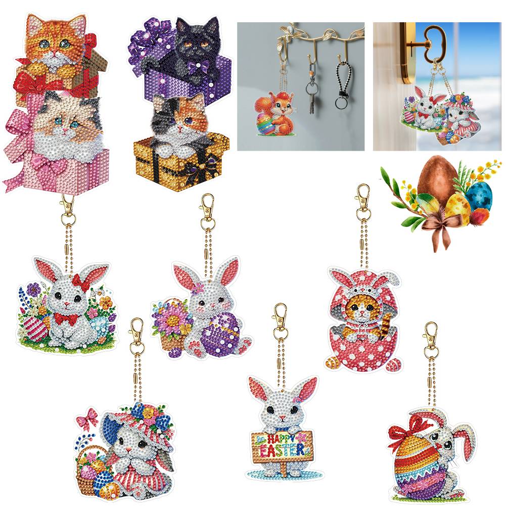 6Pcs Double Sided Special Shape Cat Diamond Art Keyring Diamond Painting Keychain Diamond Art Craft Keychain for Party Supplies