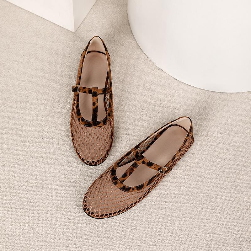 Fishnet Ballet Flats for Women Comfort Dressy Shoes With Ankle Strap Summer Round Closed Toe Mary Jane Shoes Women's Casual Non-Slip Mary Jane Flats