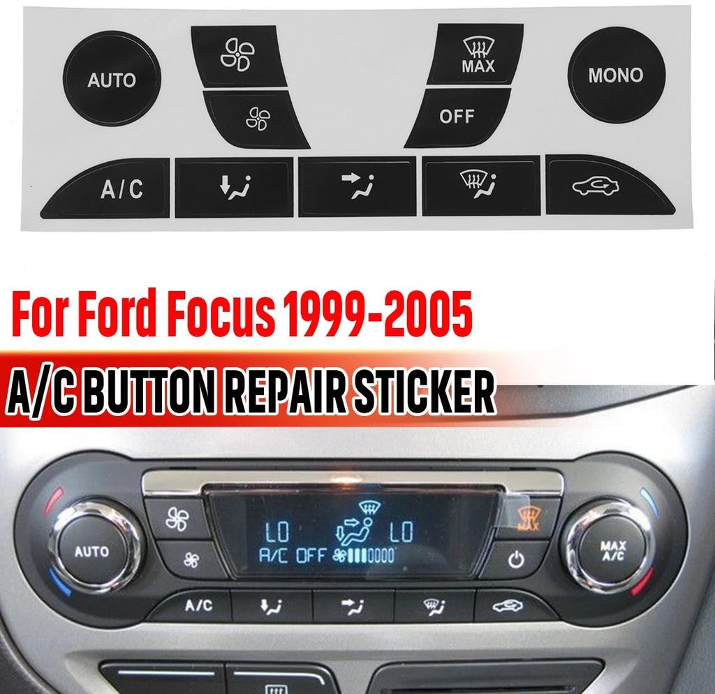 För Ford Focus 1999-2005 Luftkonditionering AC Klimatkontroll Slitna Flagnande Knapp Reparationsdekaler Klistermärken PVC Biltillbehör